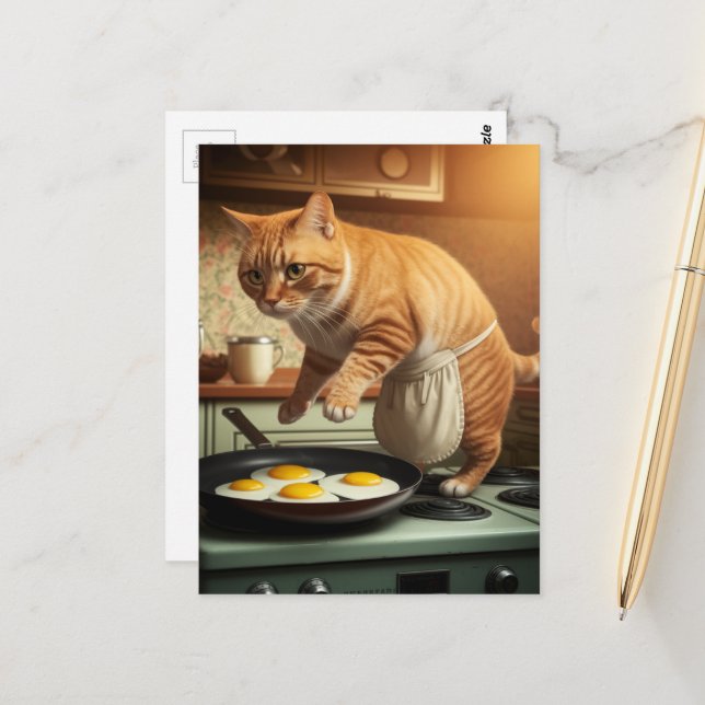 Funny Cute Ginger Cat Cooking Eggs For Breakfast Postcard (Front/Back In Situ)
