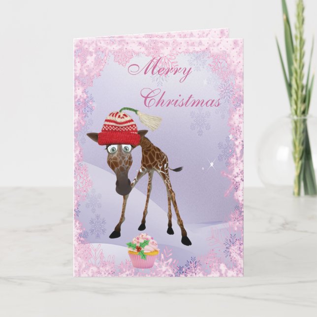 Funny Cute Giraffe & Pink Cupcake Christmas Card (Front)