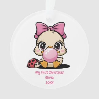 Funny Cute Girl Duck Pink Bubble,First Christmas  Ornament