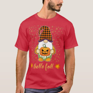 Funny Cute Gnome Holding Pumpkin Autumn hello Fall T-Shirt