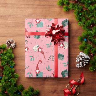 Funny Cute Gnomes and Christmas Gifts on Pink Wrapping Paper