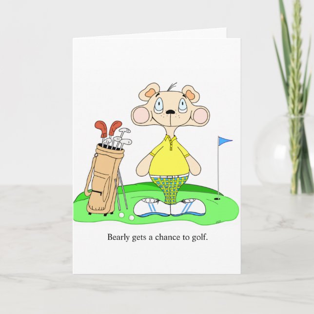 Funny Cute Golfing Bear Greeting Card (Front)