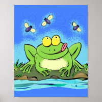Funny cute green hungry frog with flies cartoon