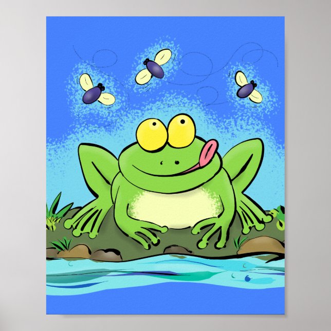 Funny cute green hungry frog with flies cartoon poster (Front)