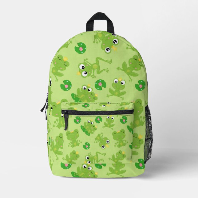 Funny Cute Green King and Queen Frog Printed Backpack (Front)