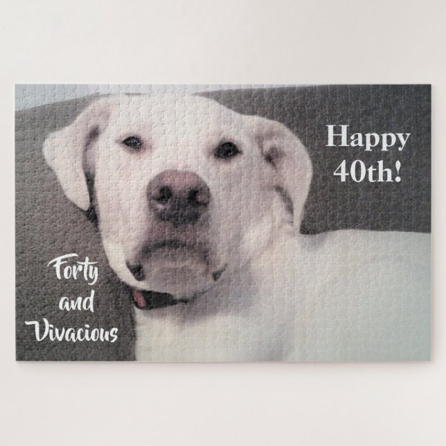 Funny Cute Grumpy White Dog 40th Birthday Black Jigsaw Puzzle (Horizontal)