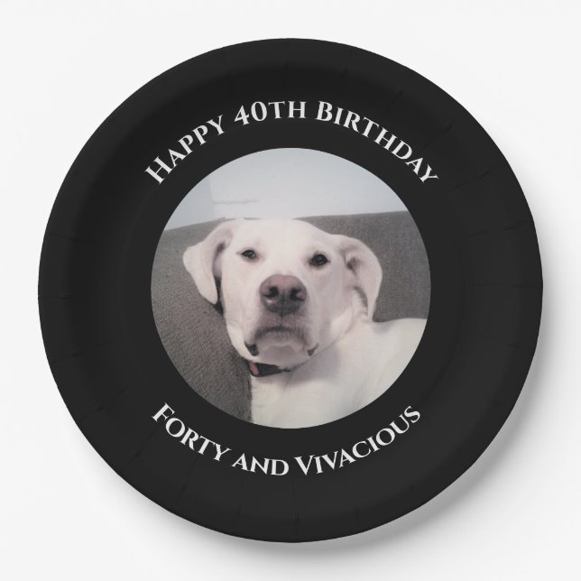 Funny Cute Grumpy White Dog 40th Birthday Black Paper Plate (Front)