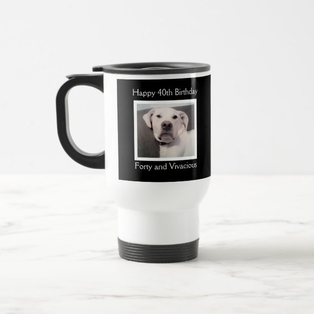 Funny Cute Grumpy White Dog 40th Birthday Black Travel Mug (Left)