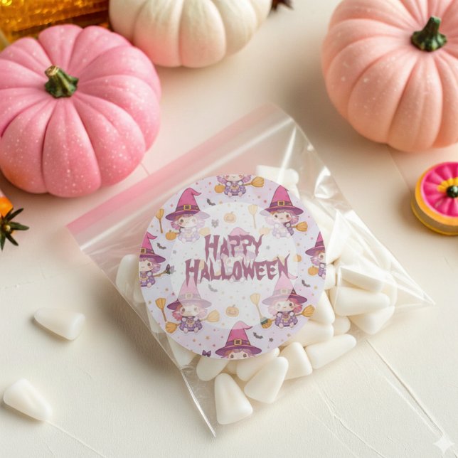 Funny Cute Halloween Pattern with Pumpkins witch  Classic Round Sticker (Creator Uploaded)