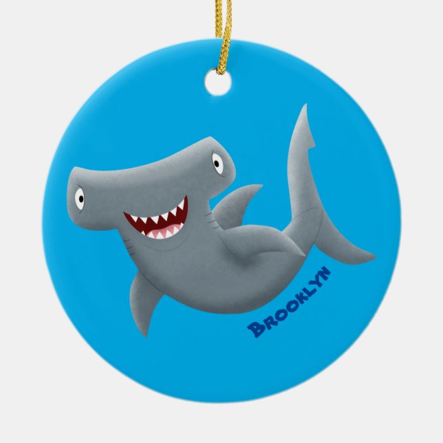 Funny cute Hammerhead shark cartoon  Ceramic Tree Decoration (Front)