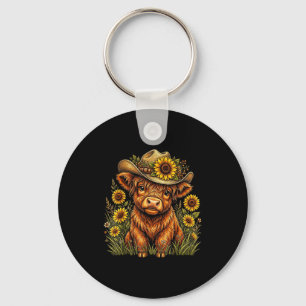 Funny cute highland cow sunflower floral farm key ring