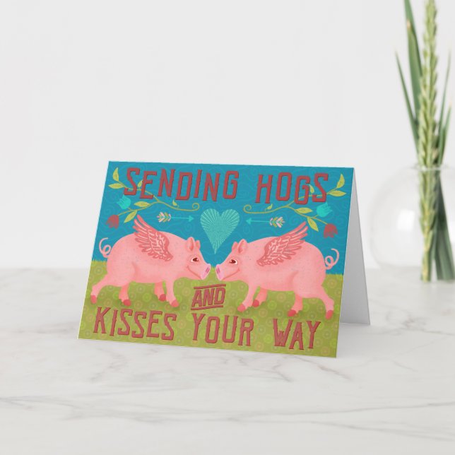 Funny Cute Hogs and Kisses Pig Pun I Miss You Holiday Card (Front)