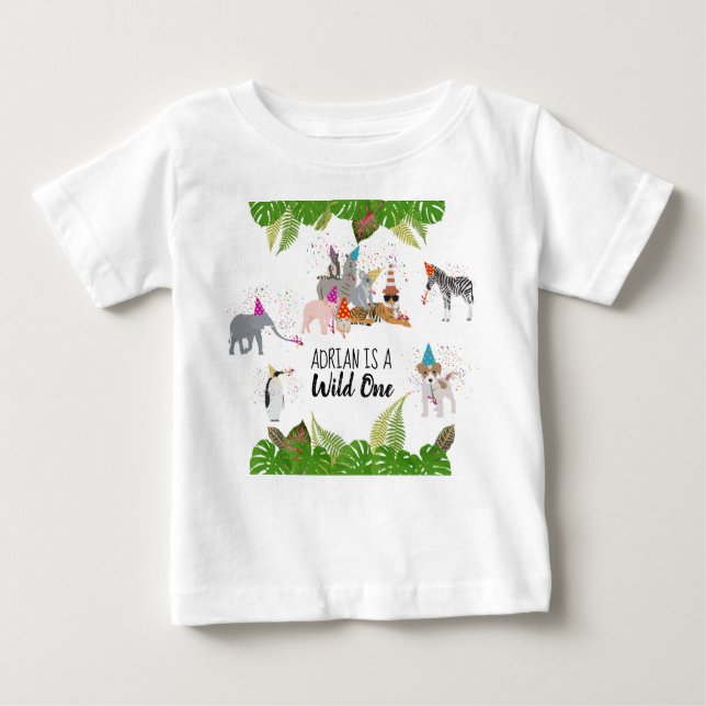 Funny & Cute Jungle Animals at Party Wild One Baby T-Shirt (Front)