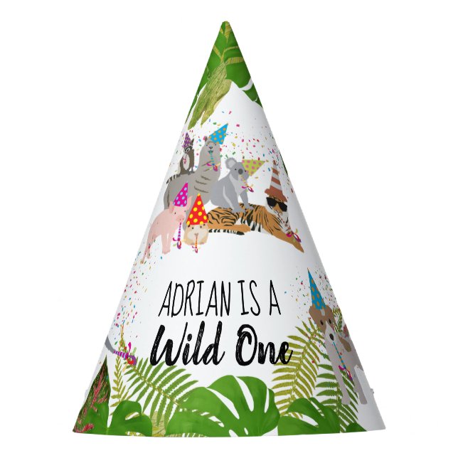 Funny & Cute Jungle Animals at Party Wild One Party Hat (Front)