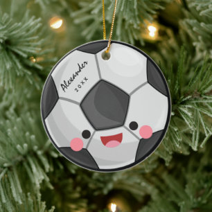 Funny Cute Kawaii Soccer Ball Kids Personalised Ceramic Tree Decoration