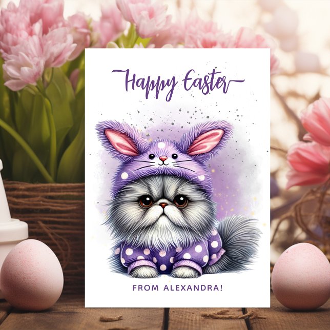 Funny Cute Kitty Bunny Costume Purple Happy Easter Holiday Card (Creator Uploaded)