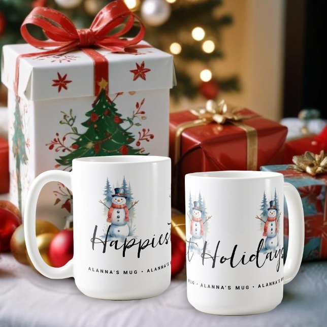 Funny Cute MInimal Snowman Frosted Forest Xmas Coffee Mug (Funny Cute MInimalist Snowman Frosted Forest Christmas Coffee Mugs, with Happiest Holidays Quote. )