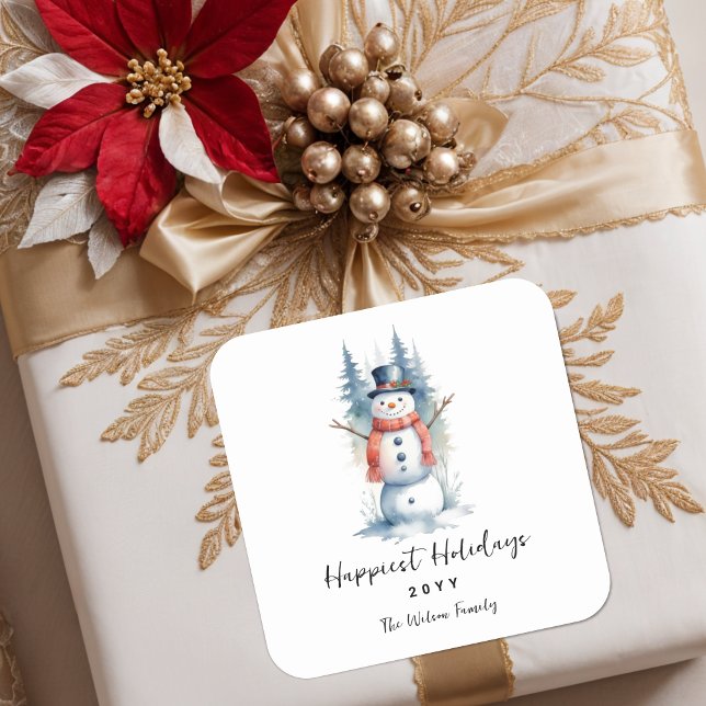 Funny Cute MInimalist Snowman Frosted Forest Square Sticker (Funny Cute MInimalist Snowman Frosted Forest Christmas Square Stickers. )