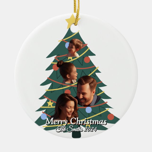 Funny, Cute, Modern Family Photo Christmas Ceramic Tree Decoration (Front)