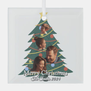 Funny, Cute, Modern Family Photo Christmas Glass Tree Decoration