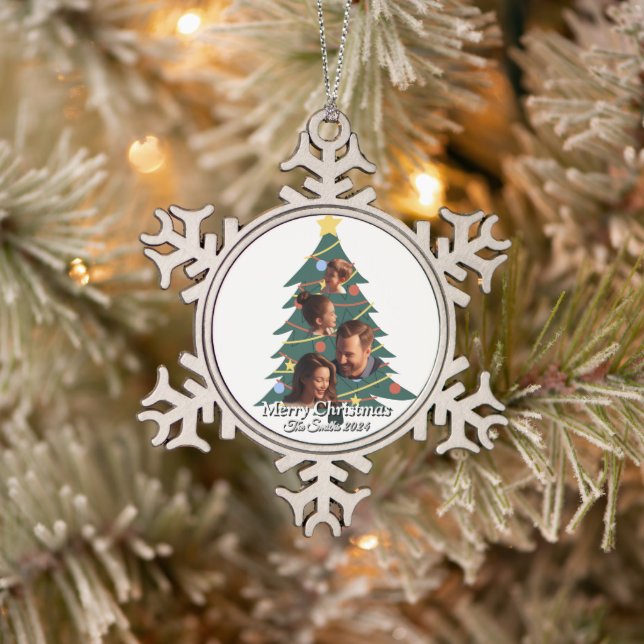 Funny, Cute, Modern Family Photo Christmas Snowflake Pewter Christmas Ornament (Tree)