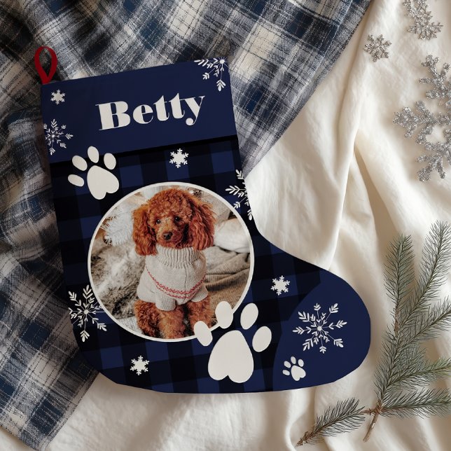 Funny cute navy blue plaid dog pet photo Christmas Large Christmas Stocking (Funny cute navy blue plaid dog pet photo Christmas Large Christmas Stocking)