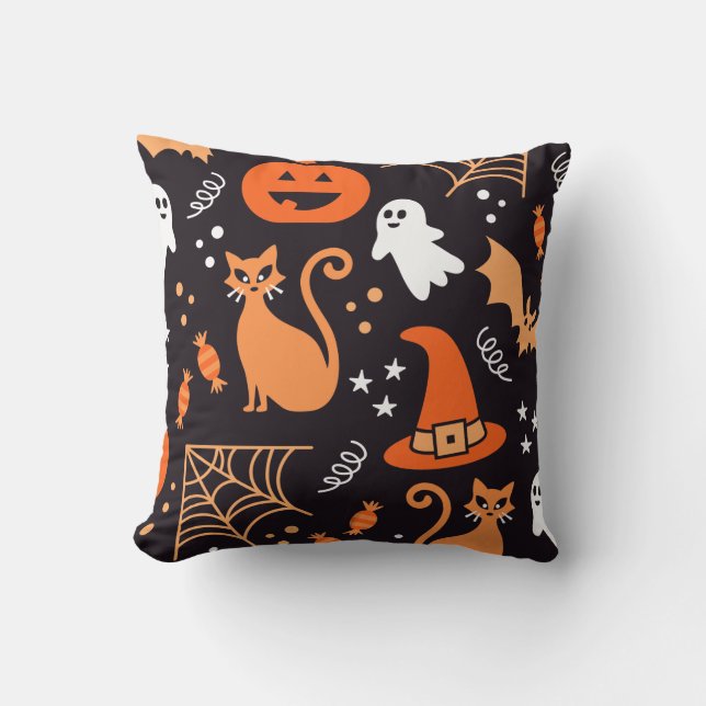Funny Cute Orange Black Halloween Symbols Pattern  Cushion (Front)