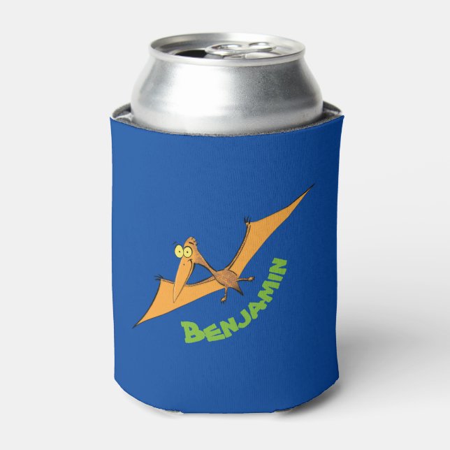 Funny cute orange flying pterodactyl cartoon can cooler (Can Front)