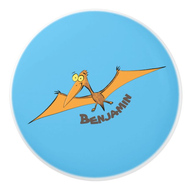 Funny cute orange flying pterodactyl cartoon ceramic knob (Front)