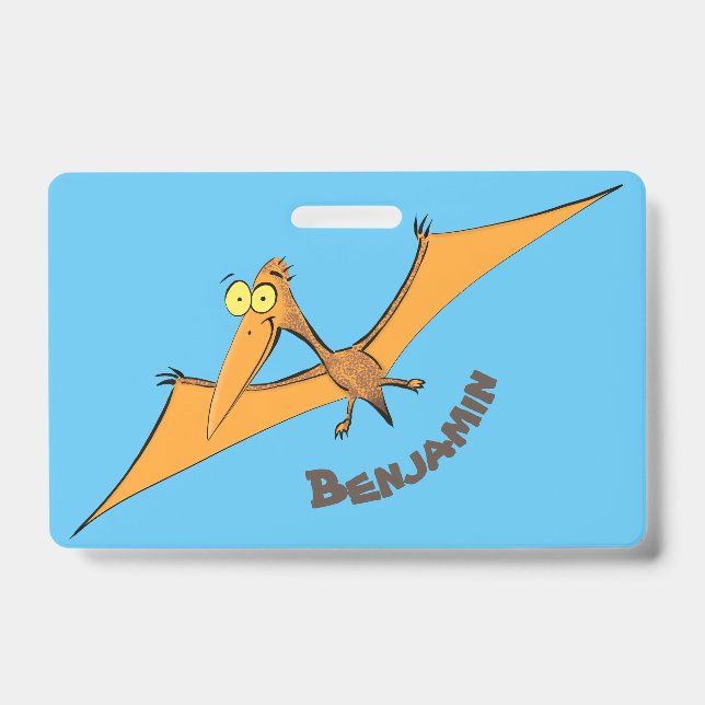 Funny cute orange flying pterodactyl cartoon ID badge (Front)