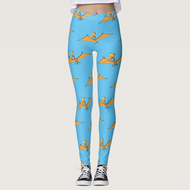 Funny cute orange flying pterodactyl cartoon leggings (Front)