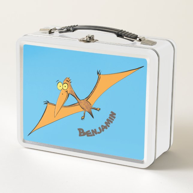 Funny cute orange flying pterodactyl cartoon metal lunch box (Front)