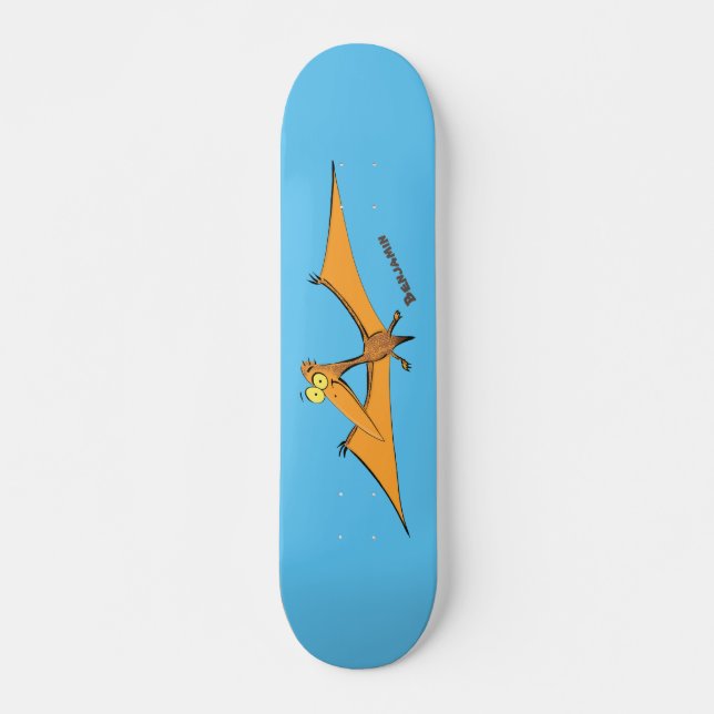 Funny cute orange flying pterodactyl cartoon skateboard (Front)