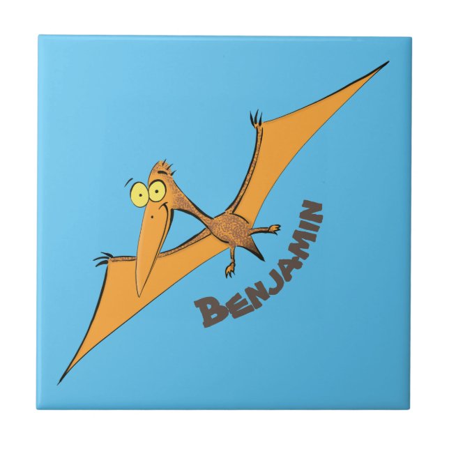 Funny cute orange flying pterodactyl cartoon tile (Front)
