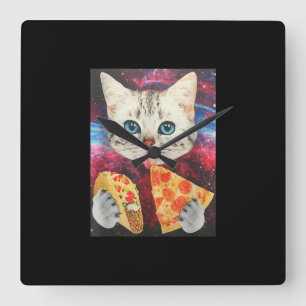 Funny Cute Outer Space Galaxy Cat Meme Pizza Taco Square Wall Clock