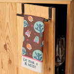 Funny Cute Owls Pattern Personalised Quote or Name Tea Towel<br><div class="desc">Funny Cute Owls with a Fun Quote. The quote reads “ Eat, drink, and be messy!” or change to anything you’d like. These colourful towels are perfect to add some fun and flair to your kitchen. Pair it with a bottle of wine and it makes a great custom gift for...</div>