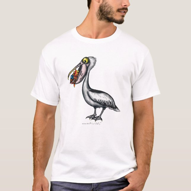 Funny cute pelican with angry fish t-shirt (Front)