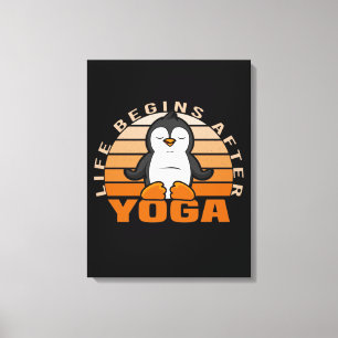 Funny cute penguin doing yoga. funny yoga poses canvas print