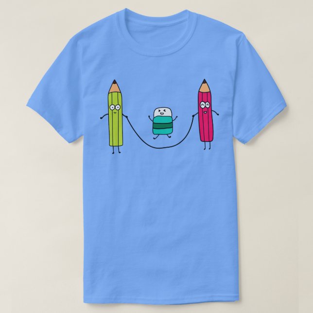 Funny Cute Pensils And Eraser Playing Jump Ropes  T-Shirt (Design Front)