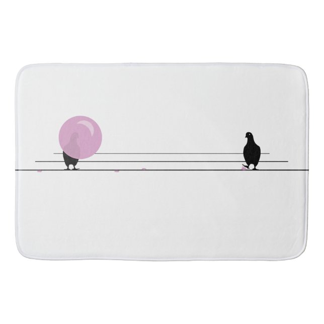 Funny Cute Pink Bubble Gum Birds On a Wire White Bath Mat (Front)