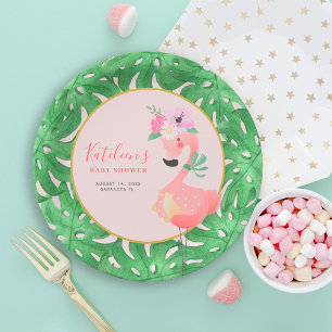 Funny cute pink flamingo baby shower blush paper plate