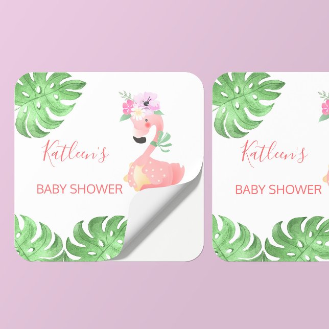 Funny cute pink flamingo baby shower square sticker (Creator Uploaded)
