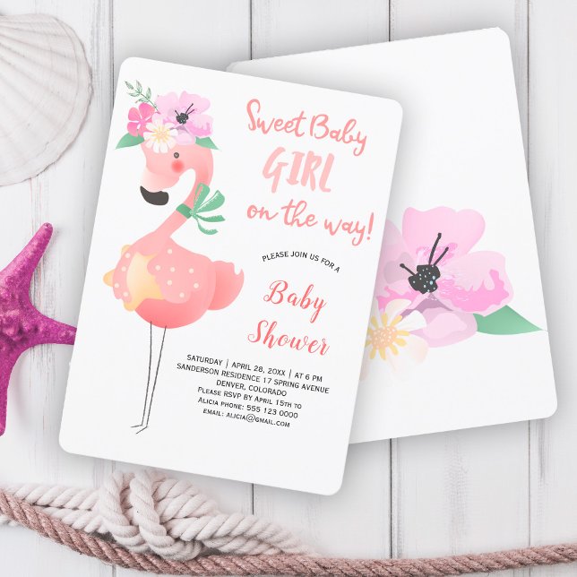 Funny cute pink flamingo floral baby shower party invitation (Creator Uploaded)