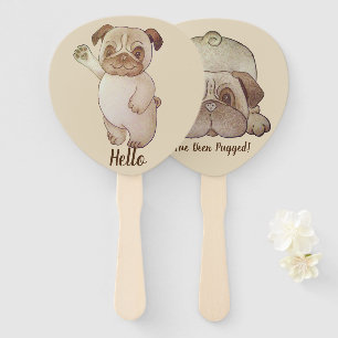 funny cute pug waving picture with fun slogan hand fan