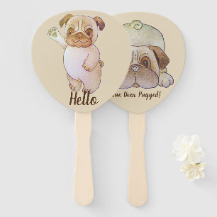funny cute pug waving picture with fun slogan hand fan