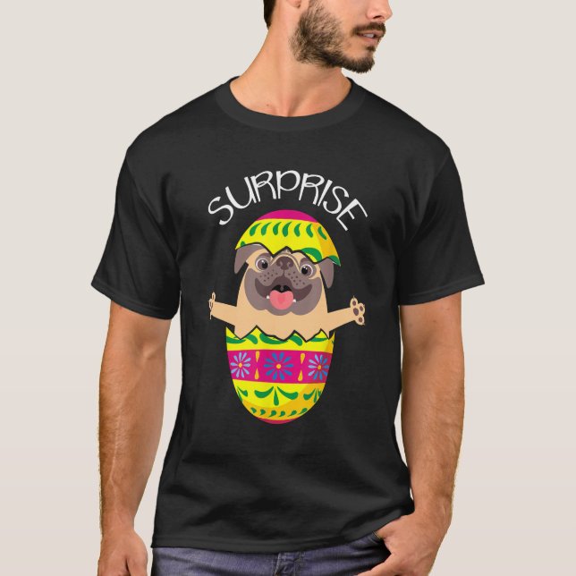 Funny Cute Puppy Pug Hatches Easter Egg Easter T-Shirt (Front)