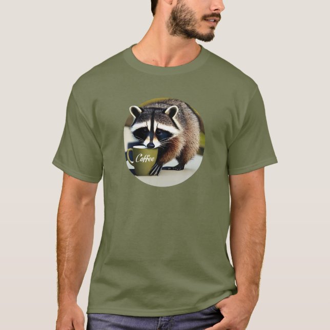 Funny Cute Racoon Drinking Coffee T-Shirt (Front)