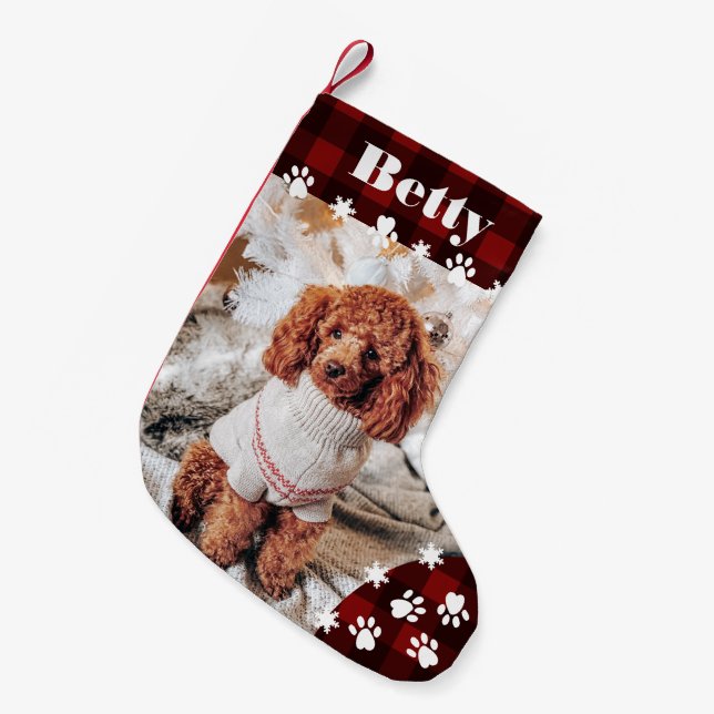 Funny cute red black dog pet photo Christmas plaid Small Christmas Stocking (Front (Hanging))