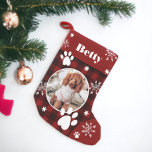 Funny cute red black plaid dog pet photo Christmas Small Christmas Stocking<br><div class="desc">Funny cute rustic red black plaid dog pet photo Christmas with editable white dog paw prints and snowflakes,  add your pet photo.</div>