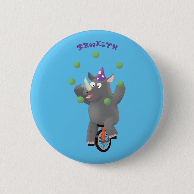 Funny cute rhino juggling on unicycle 6 cm round badge (Front)